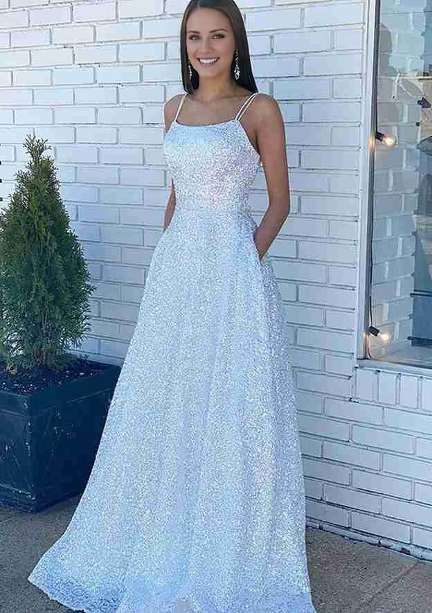 TingPo Wholesale A-line Bateau Sleeveless Sequined Long/Floor-Length Prom Dress With Beading Pockets